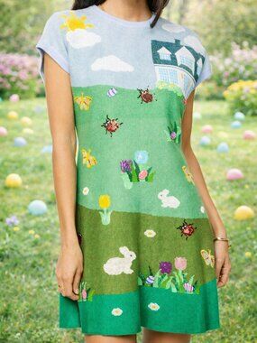 NWT Queen of Sparkles Multi Easter Bunnies & Eggs Yard Scene Knit Dress